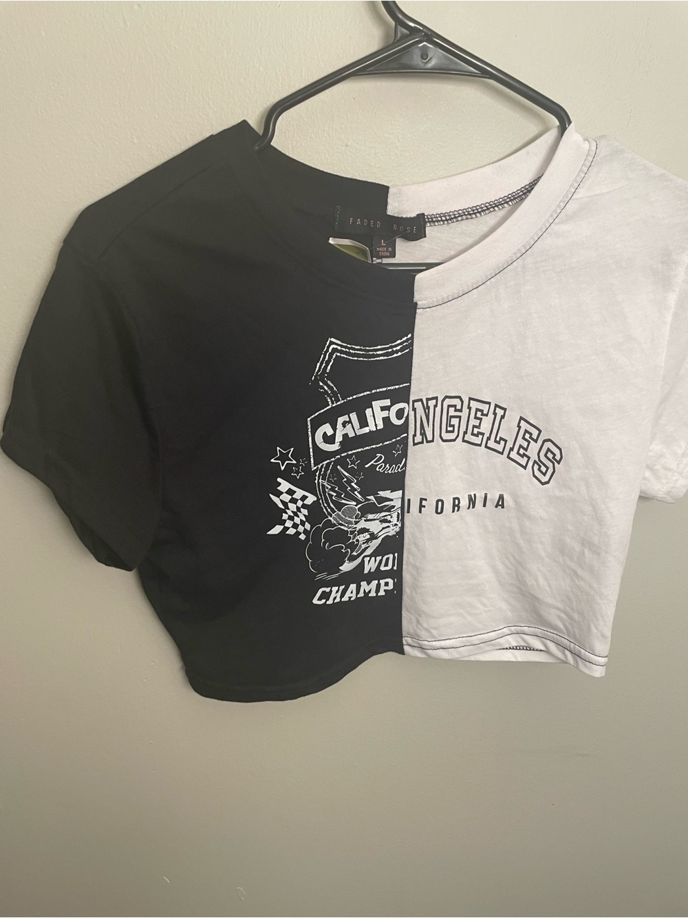 Black & White Crop Split Graphic Tee Large NWOT
